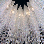 Modern crystal beaded chandelier large installation view for staircase foyer