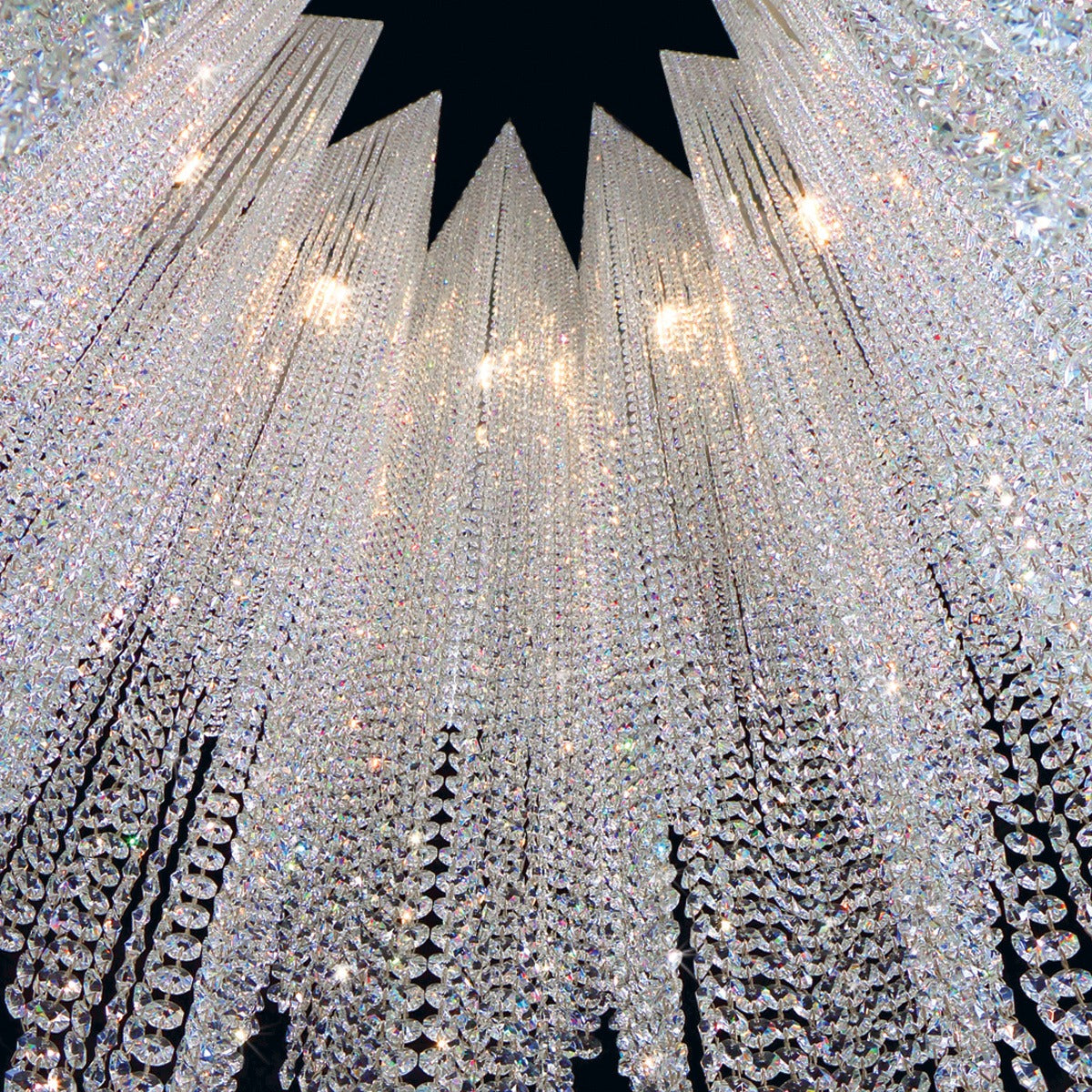 Modern crystal beaded chandelier large installation view for staircase foyer