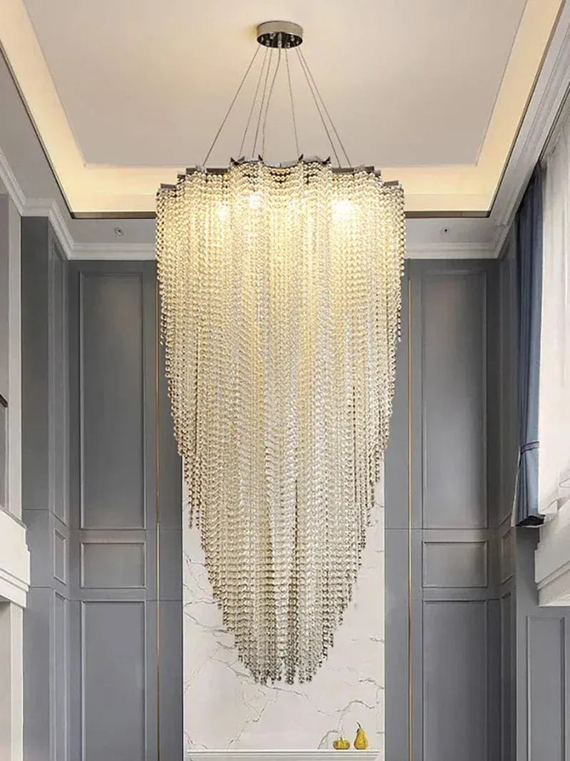 Modern crystal beaded chandelier lit crystal bead detail