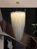Modern crystal beaded chandelier for staircase foyer installation view
