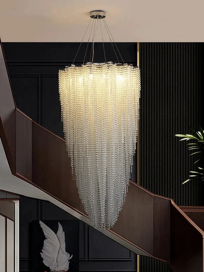 Modern crystal beaded chandelier for staircase foyer installation view