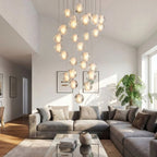 Modern Crystal Glass Bubble Chandelier close-up of illuminated glass bubble pendant