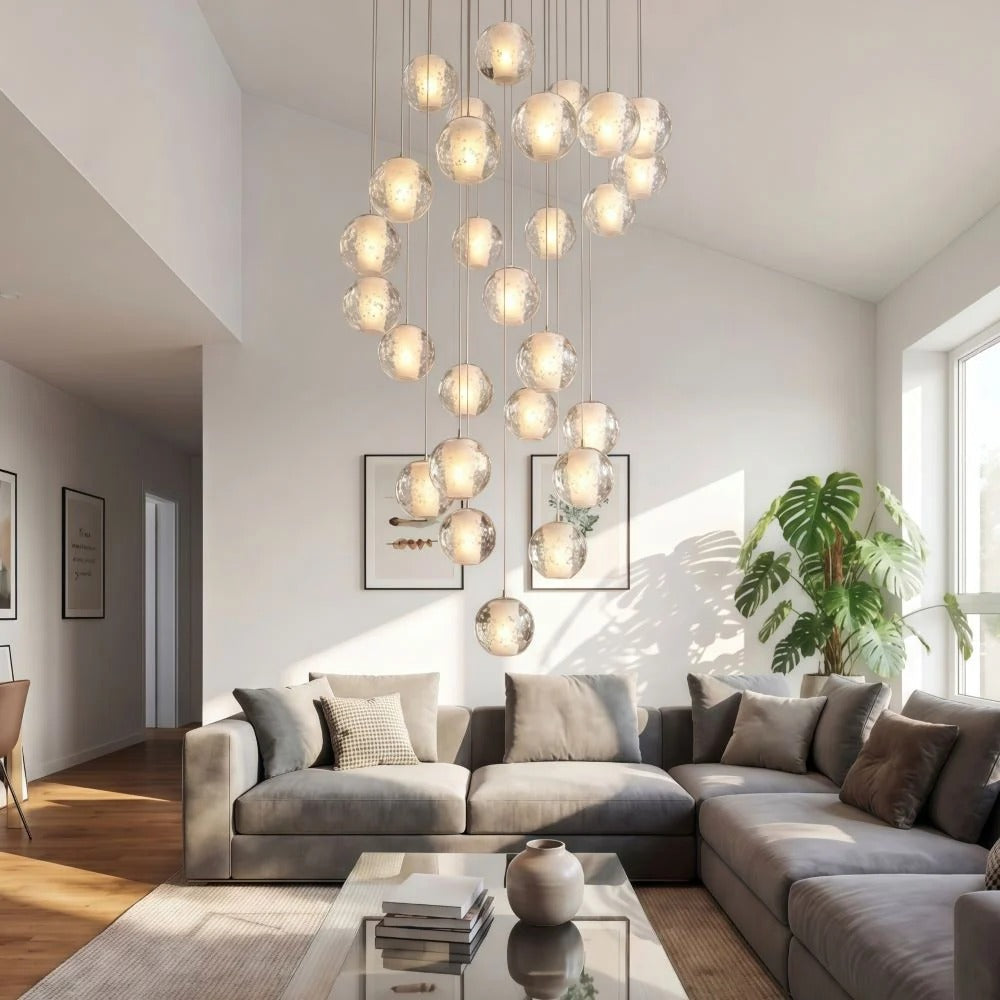 Modern Crystal Glass Bubble Chandelier close-up of illuminated glass bubble pendant