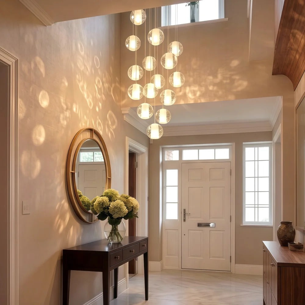 Modern Crystal Glass Bubble Chandelier for Foyer high ceiling installation with raindrop glass balls