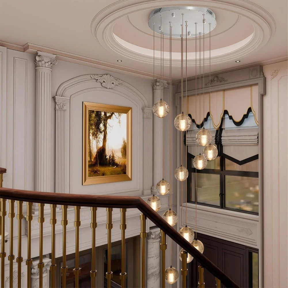 Modern Crystal Glass Bubble Chandelier for Foyer main view with hanging glass globe lights