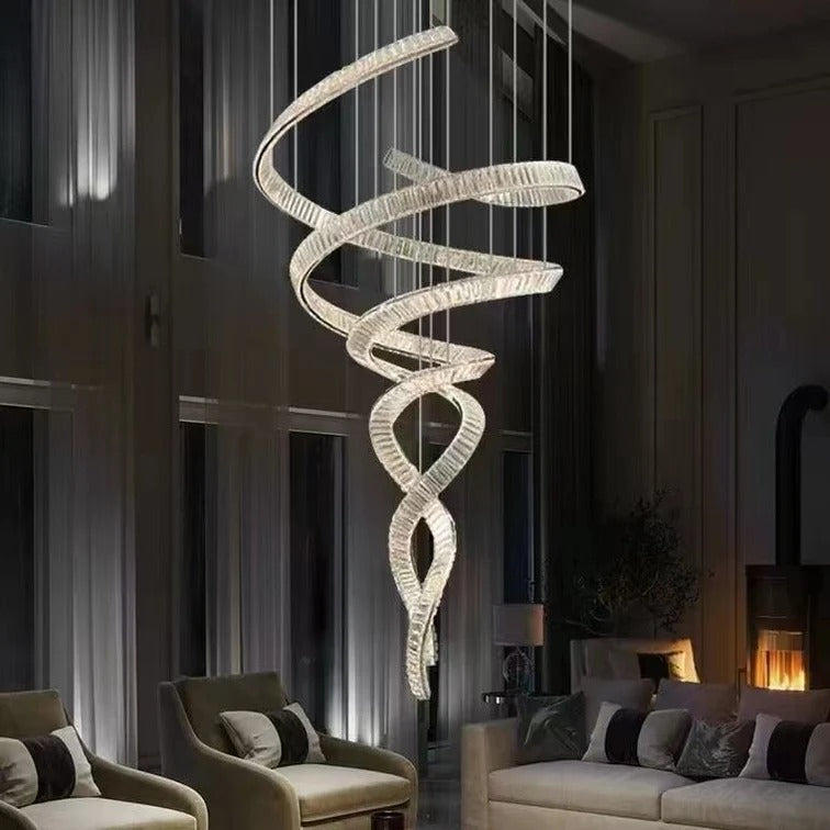 Modern Crystal Light Fixture for Staircase Foyer and High Ceiling in a luxury lounge with spiral crystal LED rings