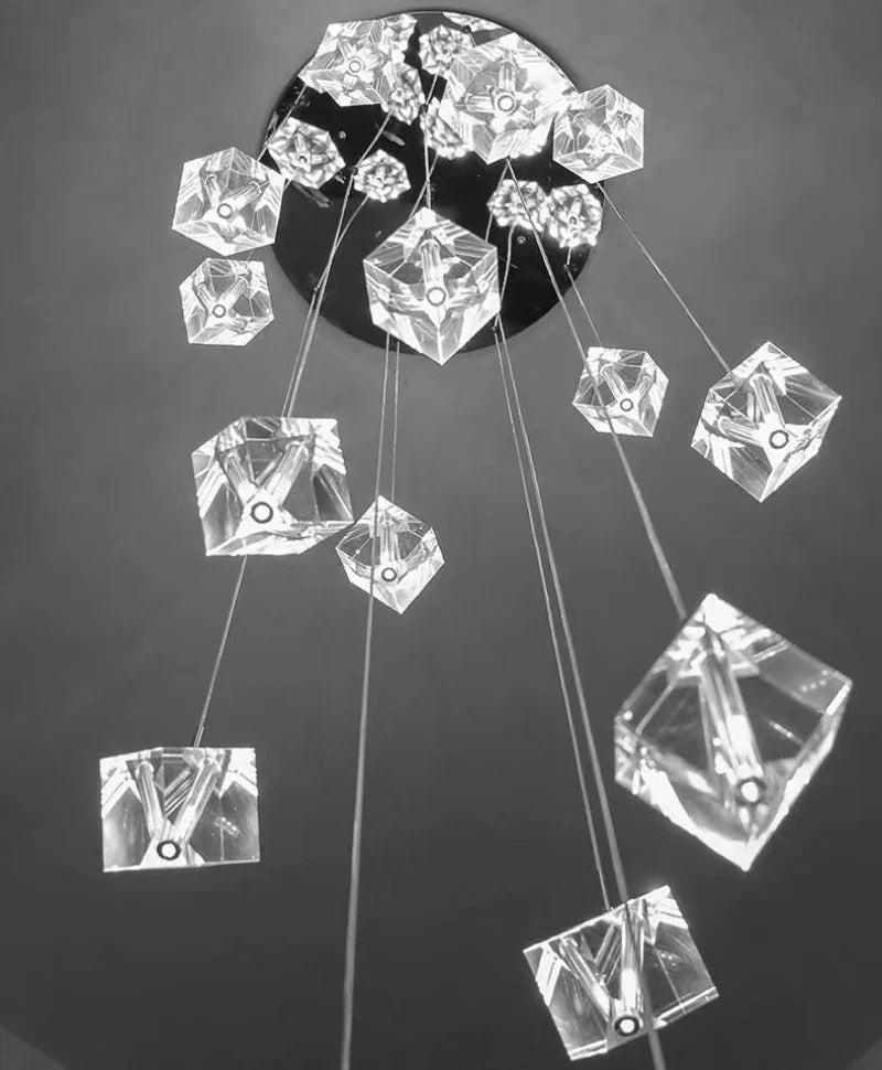 Modern Crystal Square Chandelier for Staircase detail of adjustable suspension wires and cube crystal pendants