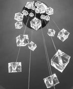 Modern Crystal Square Chandelier for Staircase detail of adjustable suspension wires and cube crystal pendants