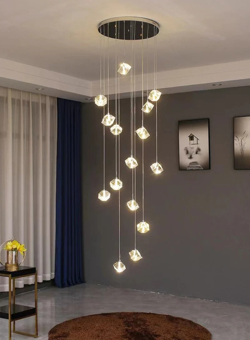 Modern Crystal Square Chandelier for Staircase with black round canopy and clear cube drops in a room corner
