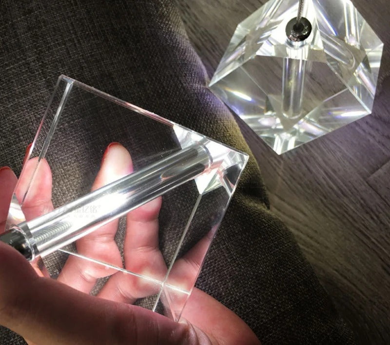 Modern Crystal Square Chandelier for Staircase close-up showing translucent cube crystal block detail