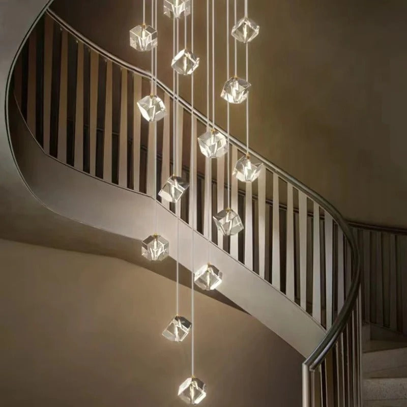 Modern Crystal Square Chandelier for Staircase with warm glow beside a curved staircase