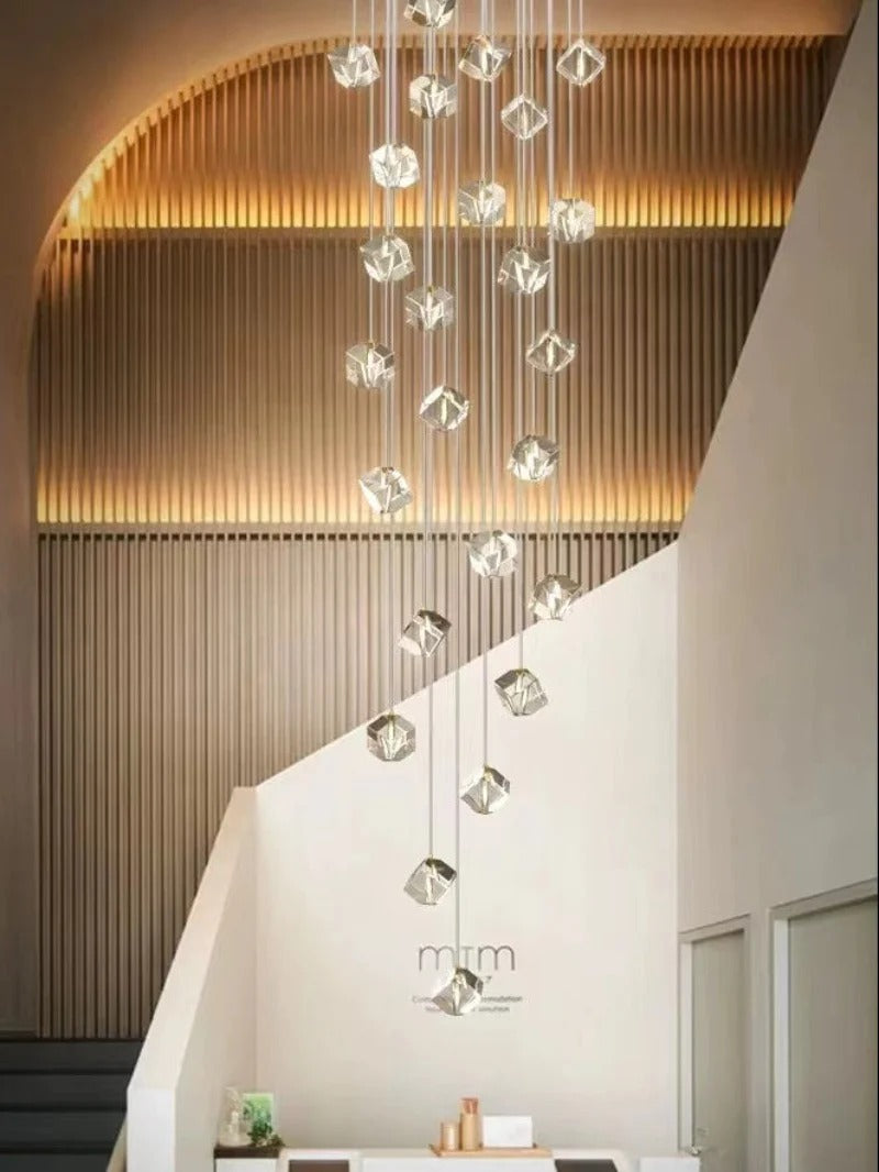 Modern Crystal Square Chandelier for Staircase against a dark feature wall with random cube crystal layout