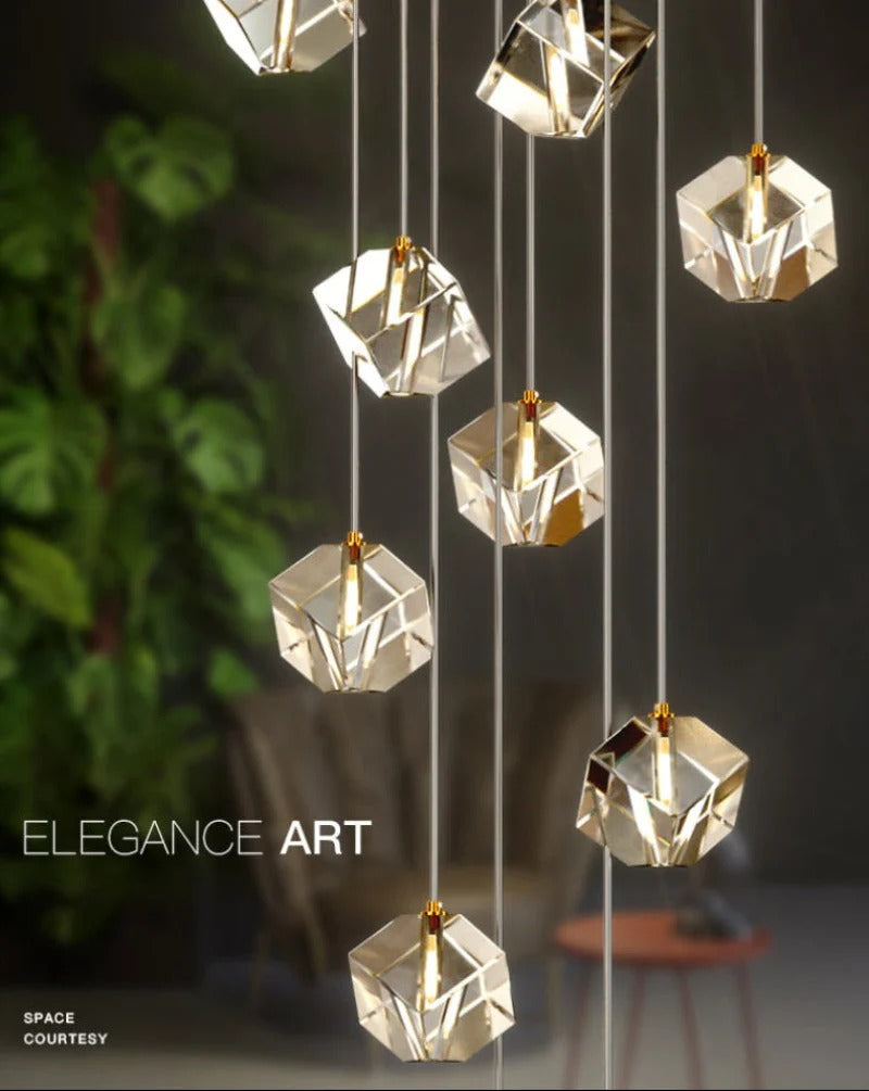 Modern Crystal Square Chandelier for Staircase showing cascading geometric cube crystal pendants