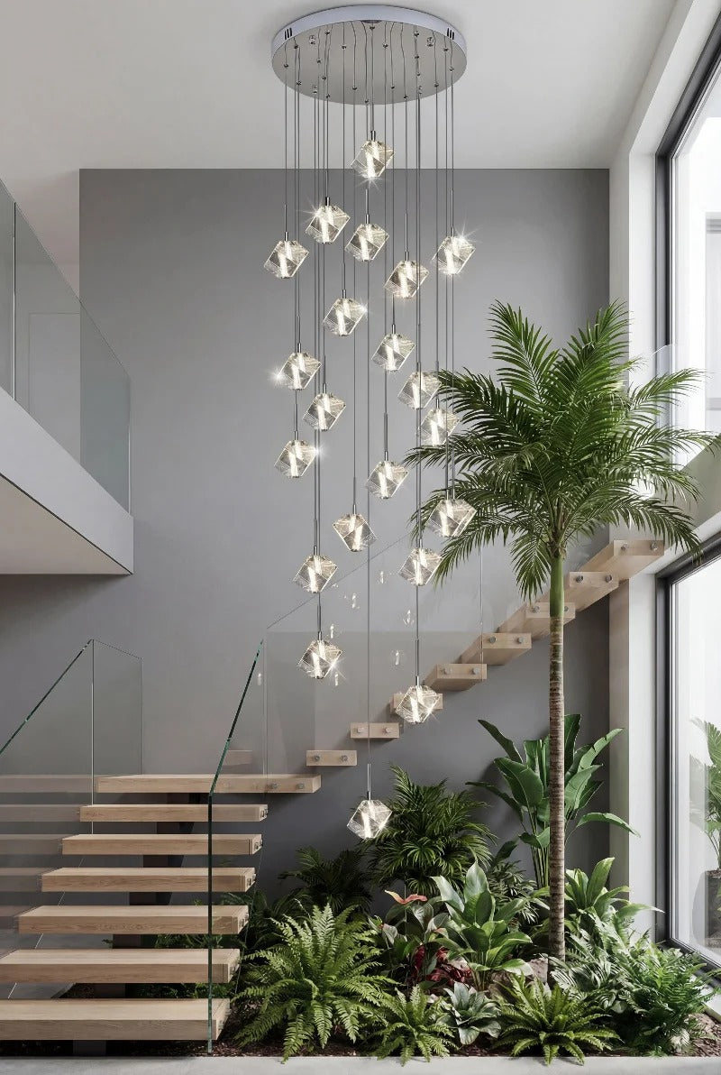 Modern Crystal Square Chandelier for Staircase in a grand entrance stairwell with cube crystal drops
