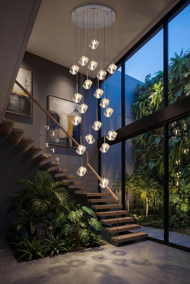 Modern Crystal Square Chandelier for Staircase in a high ceiling space beside a staircase and large window