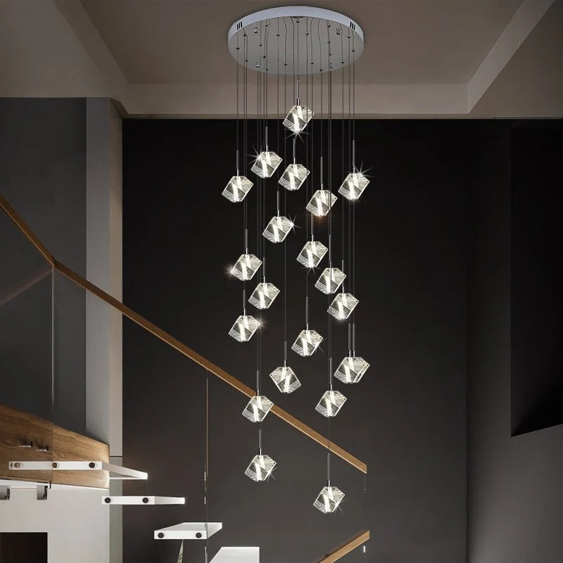 Modern Crystal Square Chandelier for Staircase with round canopy and cascading cube crystal pendants