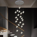 Modern Crystal Square Chandelier for Staircase with round canopy and cascading cube crystal pendants