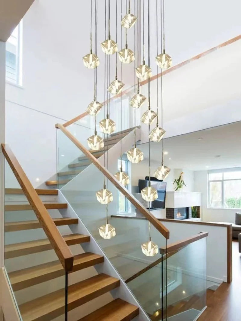 Modern Crystal Square Chandelier for Staircase installed beside a stair landing with geometric crystal cubes