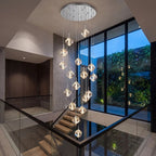 Modern Crystal Square Chandelier for Staircase installed beside a stairwell with large windows