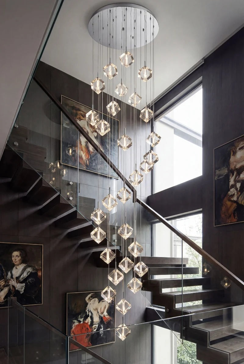 Modern Crystal Square Chandelier for Staircase used as a two story foyer centerpiece