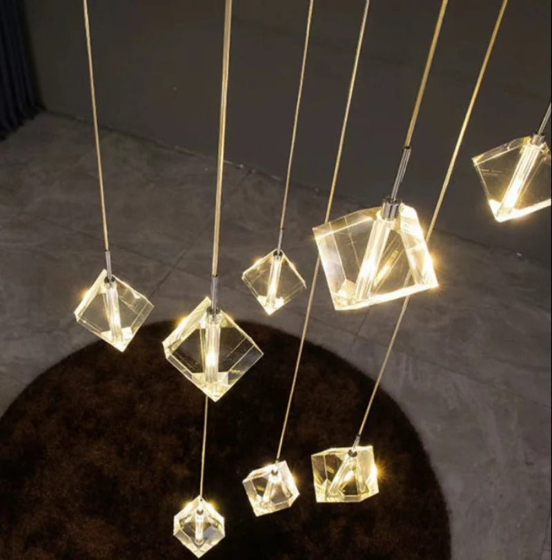 Modern Crystal Square Chandelier for Staircase detail showing warm LED light through clear cube crystals