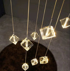 Modern Crystal Square Chandelier for Staircase detail showing warm LED light through clear cube crystals