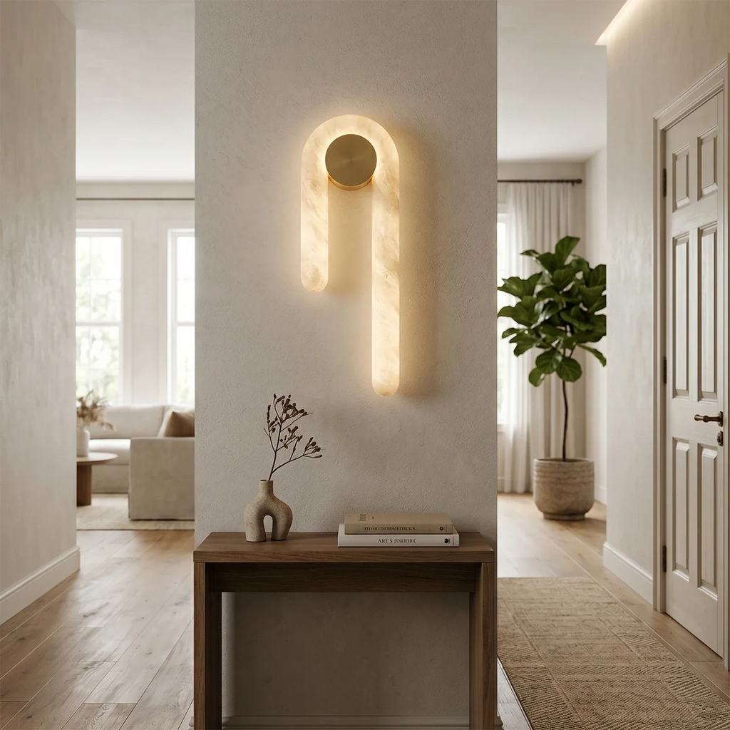 Modern J-Shape Alabaster Wall Sconce by Bling Lighting Studio
