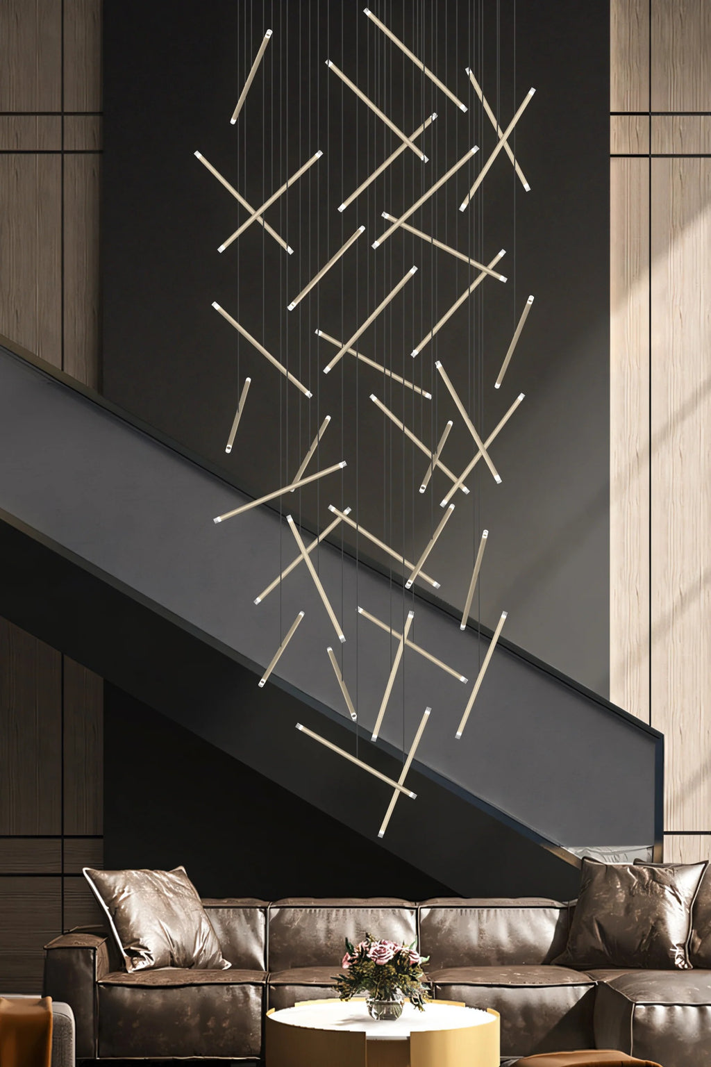 Modern Long Chandelier for High Ceiling & Staircase featuring multiple slim stick pendant lights