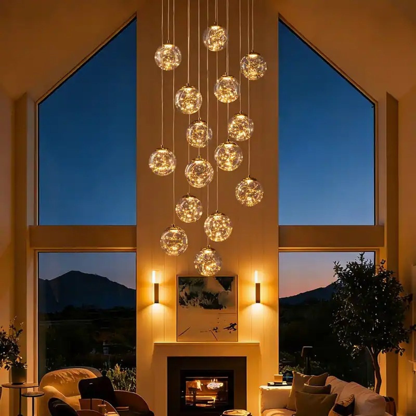 Modern Spiral Chandelier for Staircase installed in a high ceiling living room above a fireplace