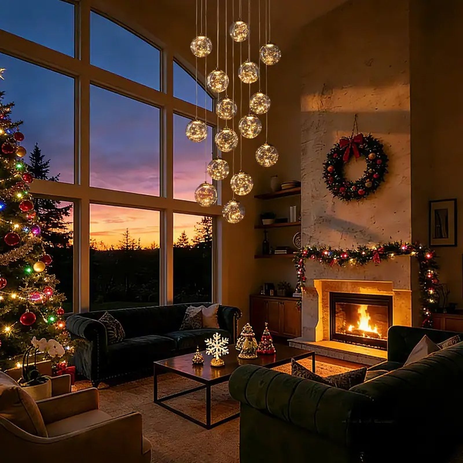 Modern Spiral Chandelier for Staircase with warm glass globes in a holiday living room