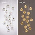 Modern Spiral Chandelier for Staircase turn on and turn off comparison showing clear glass globes