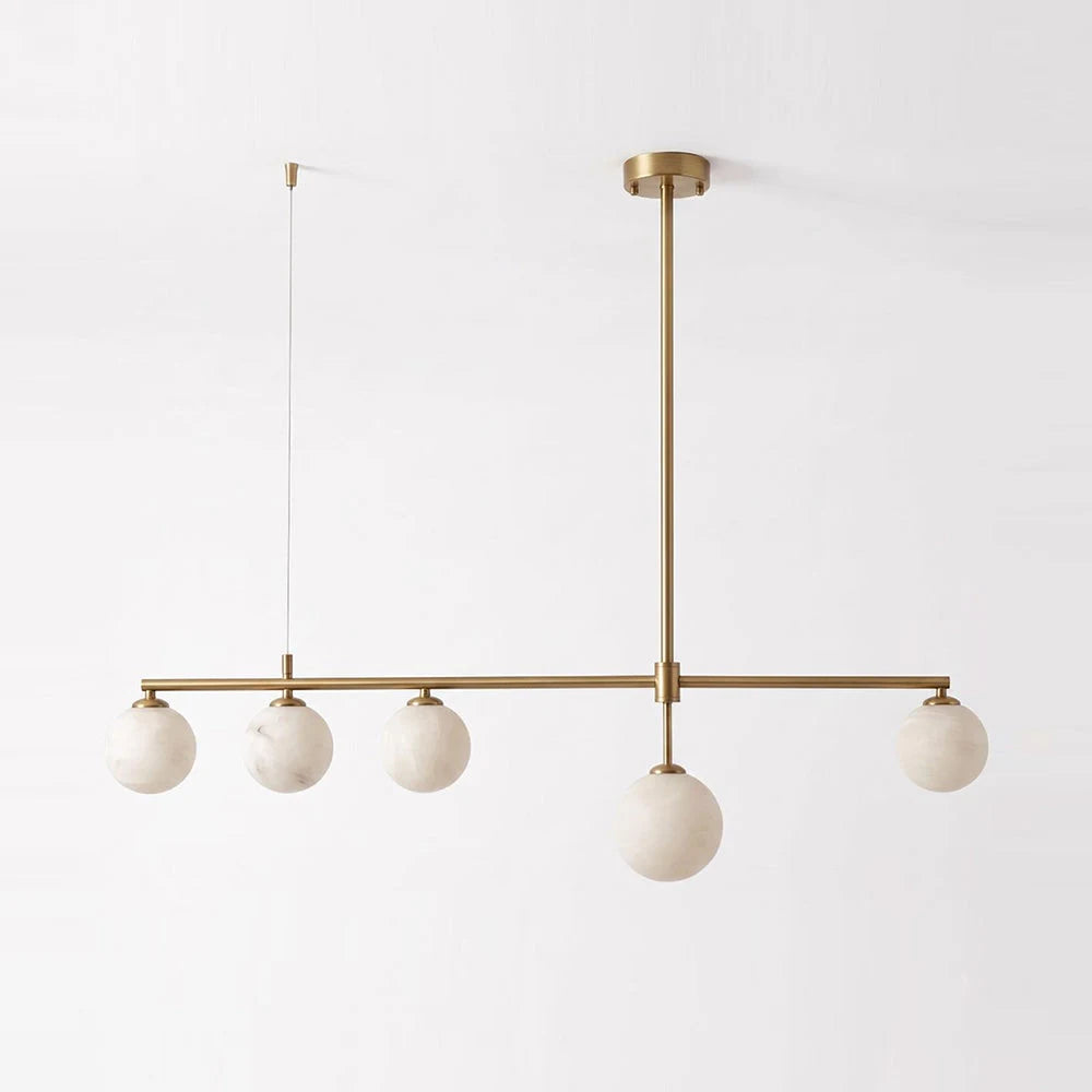 Montarion Five-Globe Alabaster Chandelier — L 113cm x H 28cm / L 44.5″ x H 11″ / Brushed Brass & White