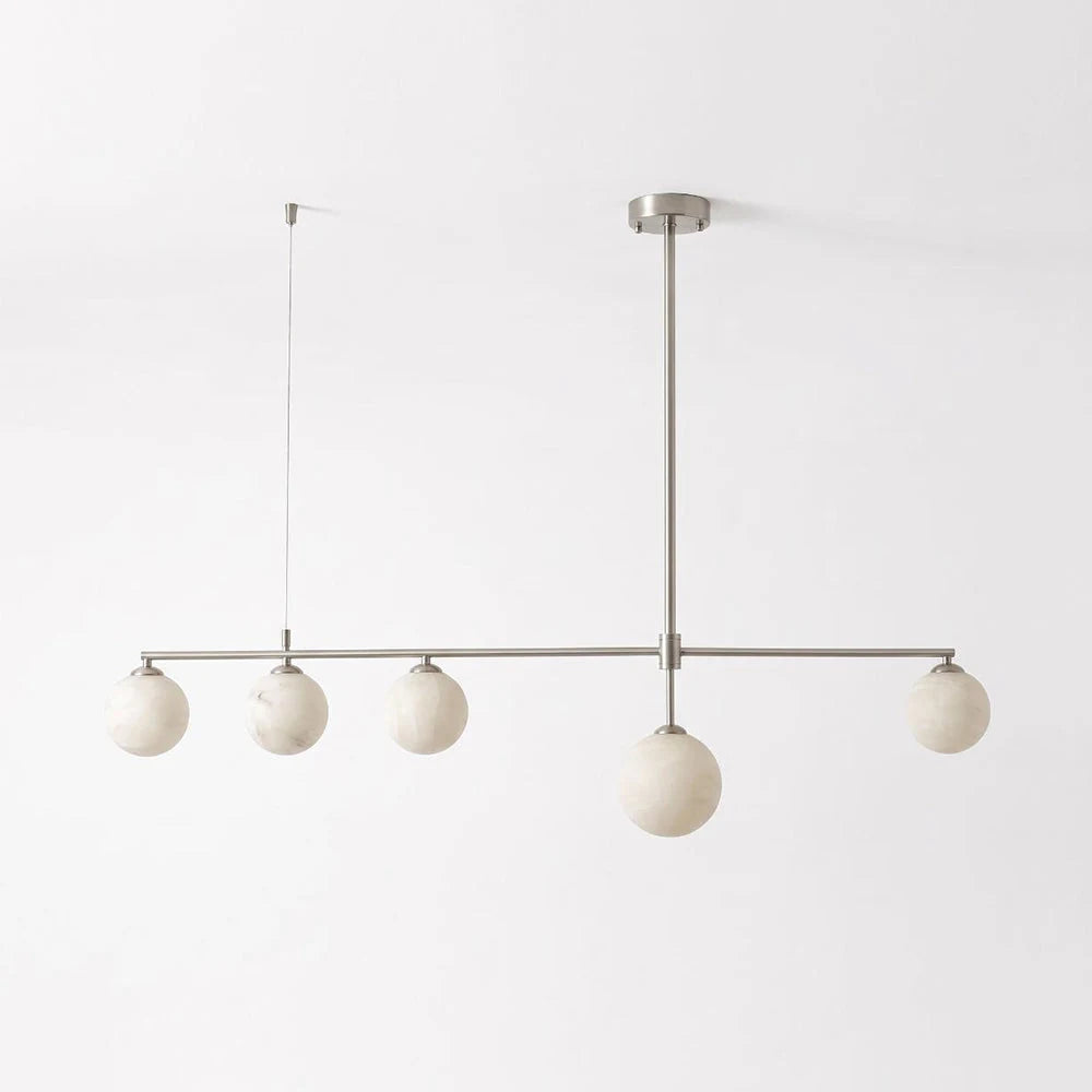 Montarion Five-Globe Alabaster Chandelier — L 113cm x H 28cm / L 44.5″ x H 11″ / Brushed Nickel & White