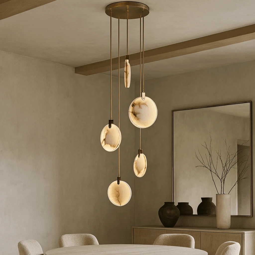 Moonshade Alabaster Disc Stairwell Lighting Chandelier used as a dining room chandelier