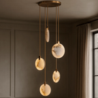Moonshade Alabaster Disc Stairwell Lighting Chandelier with cascading marble disc pendants