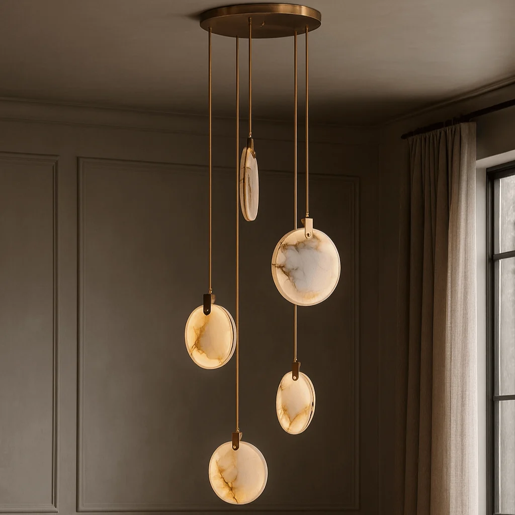 Moonshade Alabaster Disc Stairwell Lighting Chandelier with cascading marble disc pendants
