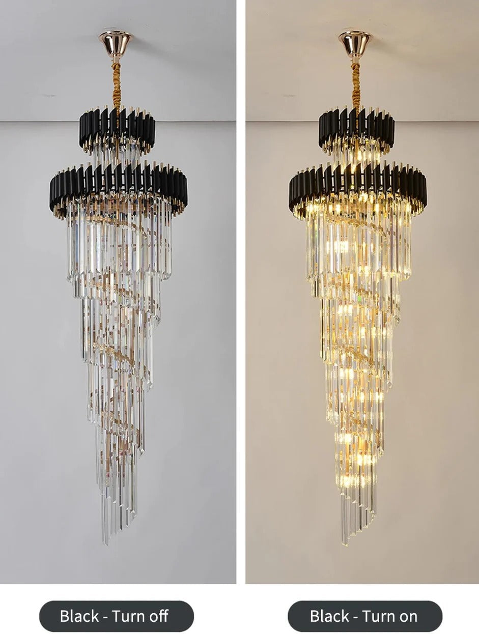 Olivia Crystal Modern Stair Chandelier black finish product view showing lights off and lights on comparison