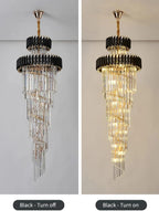 Olivia Crystal Modern Stair Chandelier black finish product view showing lights off and lights on comparison
