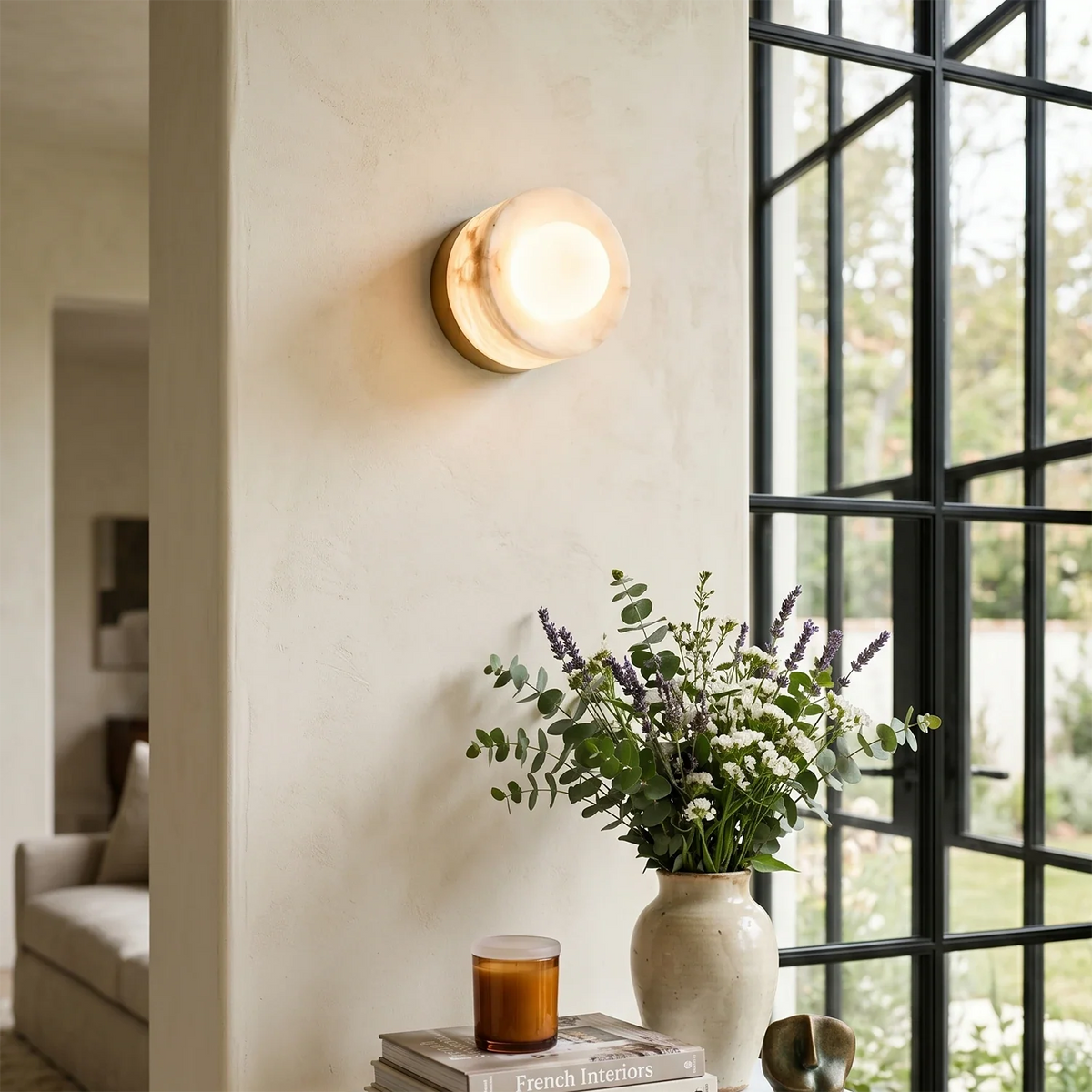 Orb Vessel Alabaster & Brass Wall Lamp, bright sunroom black grid window indoor plants | Bling Lighting Studio