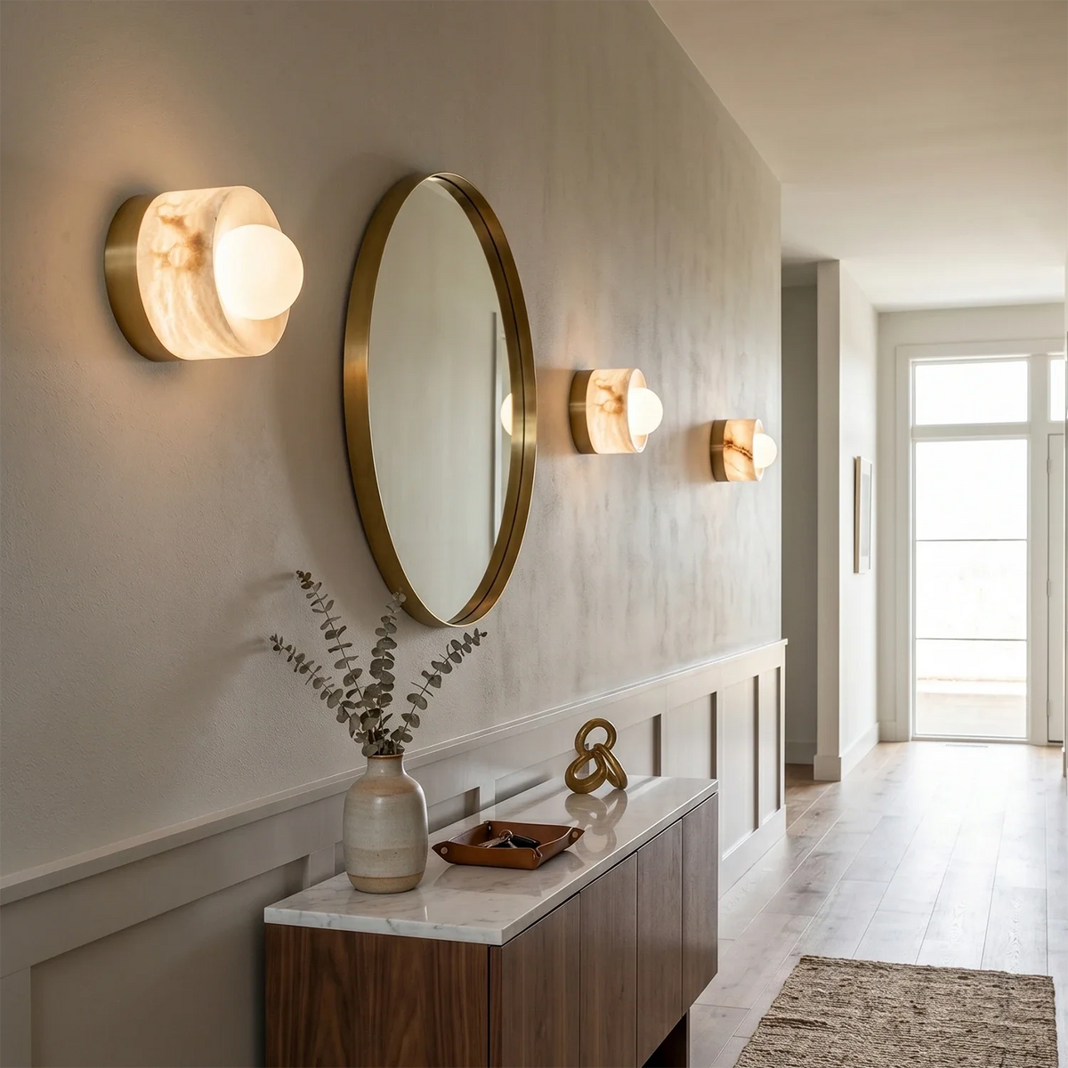 Orb Vessel Alabaster & Brass Wall Lamp, long hallway corridor oval mirror wainscoting | Bling Lighting Studio