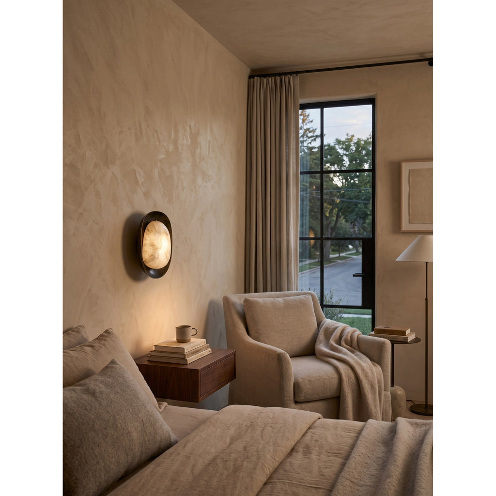 Pebble Alabaster Wall Sconce in Curved Metal Frame, product view 9