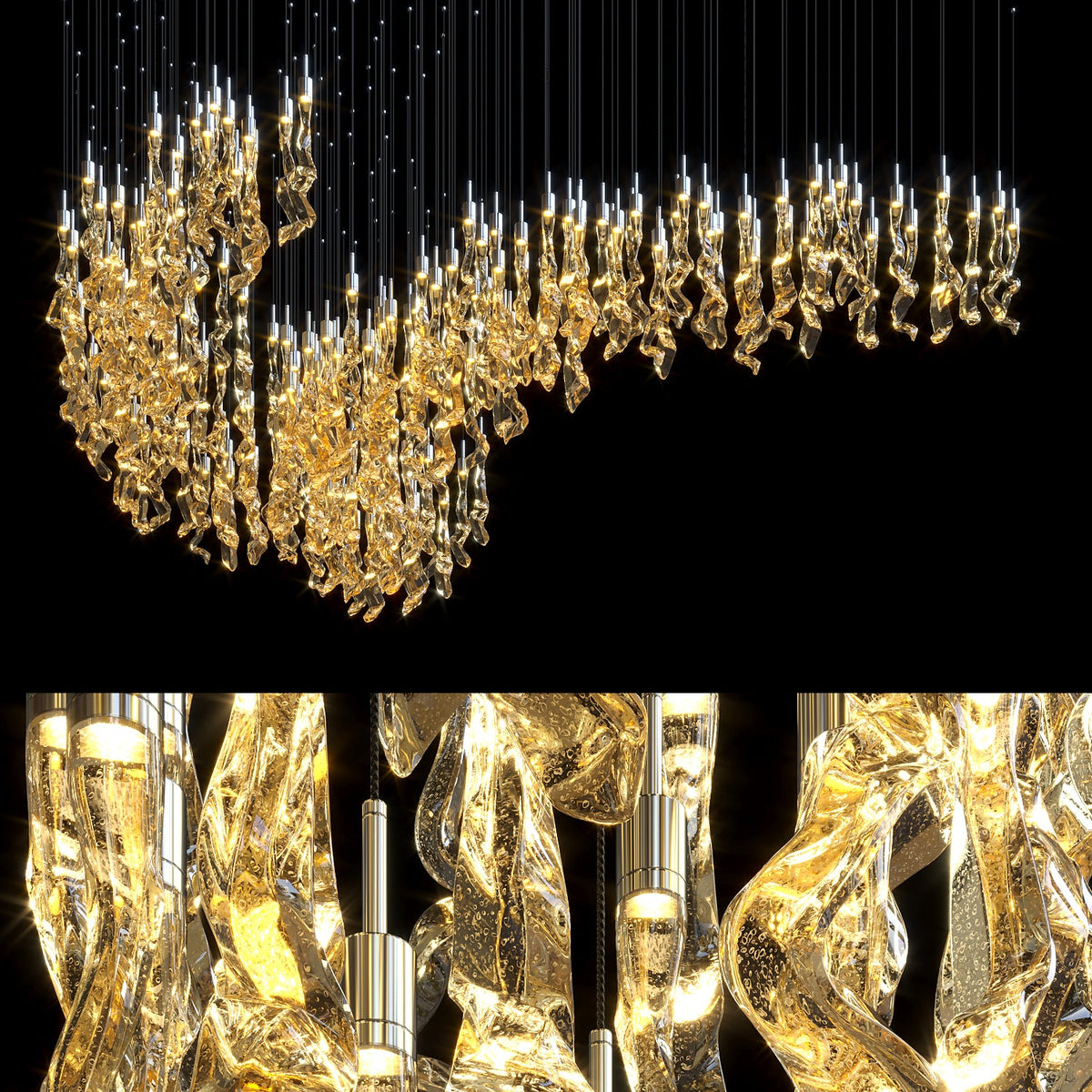 Amber Crystal Ribbon Rain Chandelier chandelier in a tall interior