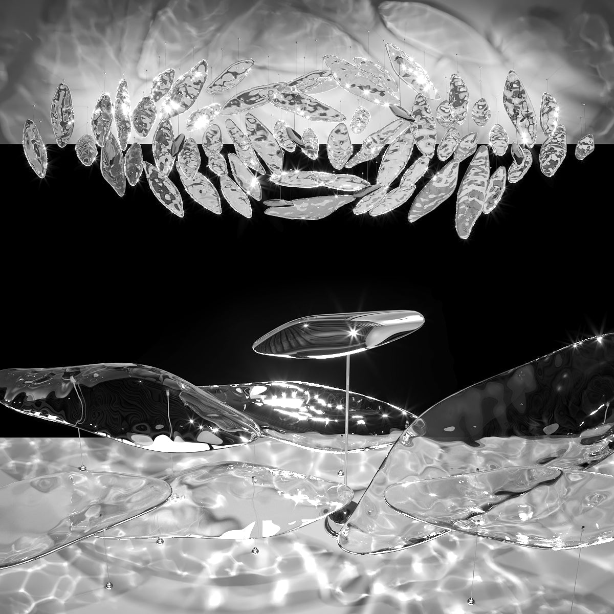 Aqua Glass Manta Orbit Chandelier chandelier in a tall interior