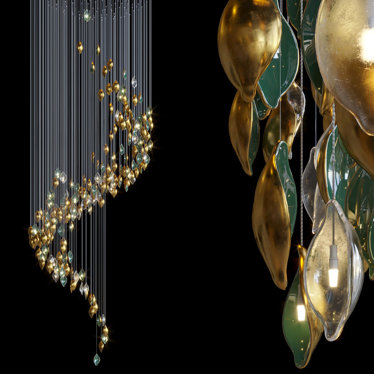 Gold Green Pod Rain Chandelier chandelier in a tall interior