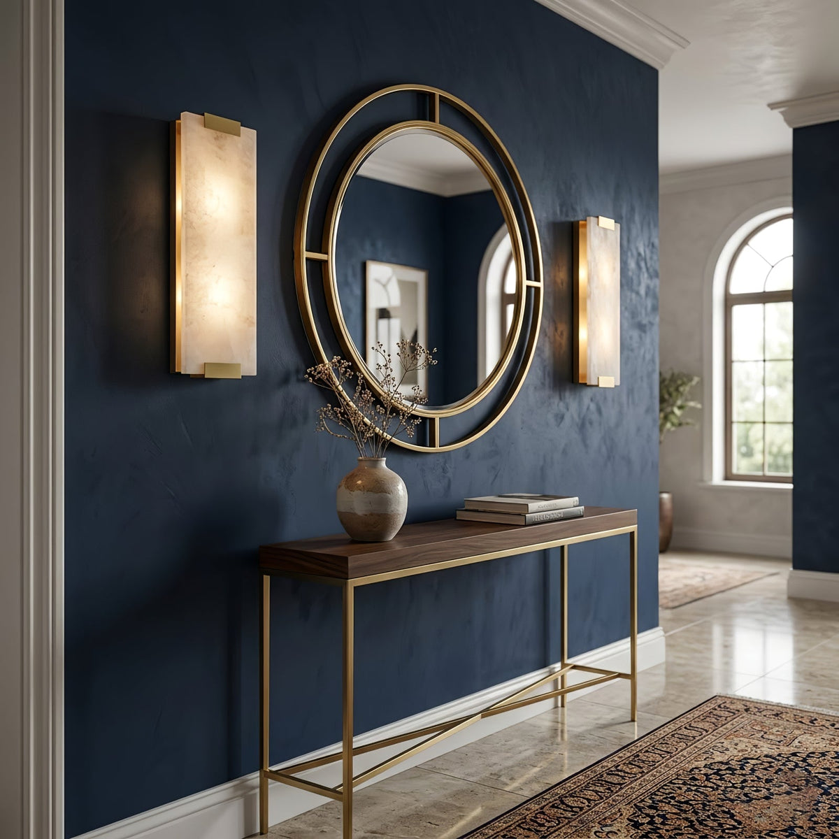 Rectangular Alabaster Wall Sconce, navy blue hallway luxury decor | Bling Lighting Studio