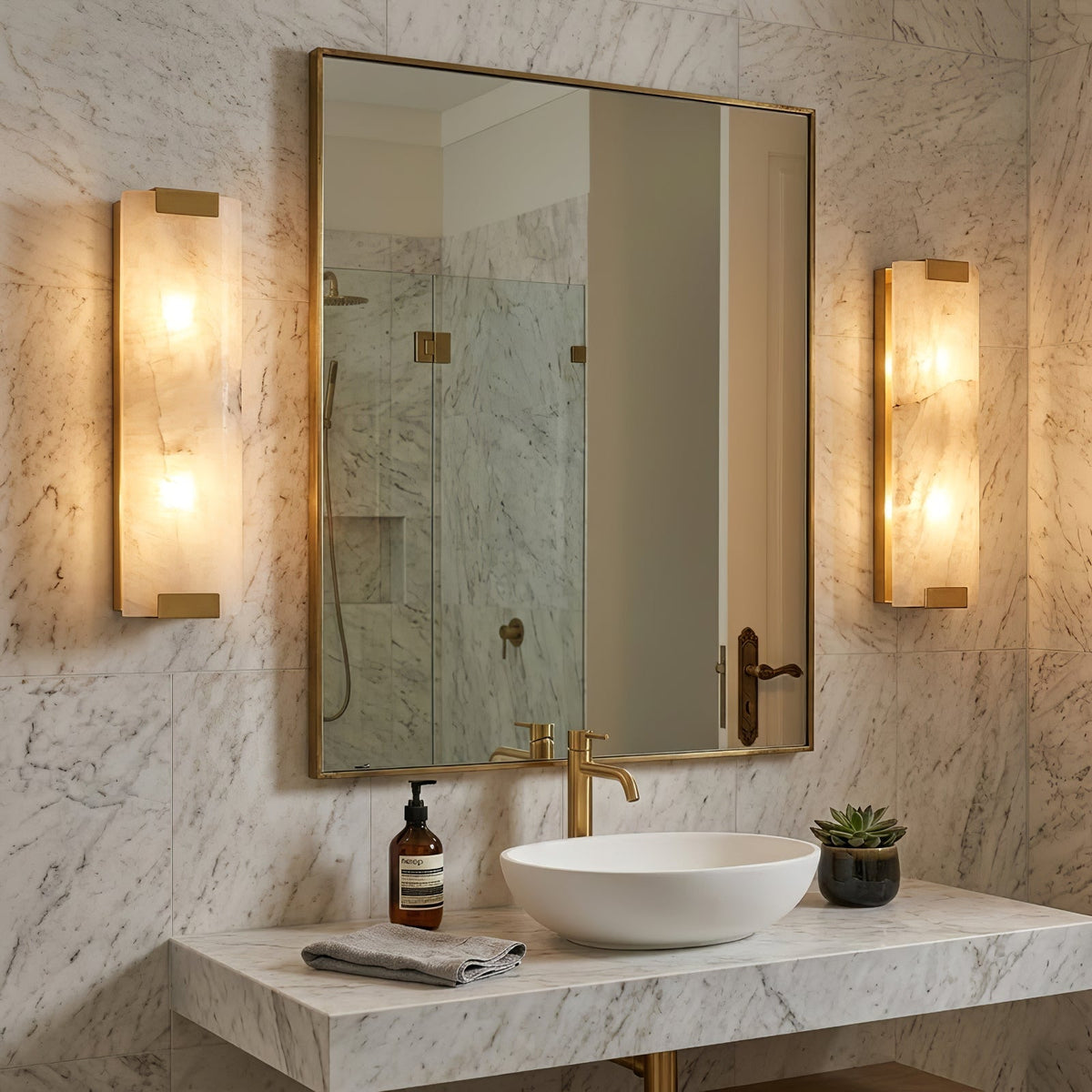 Rectangular Alabaster Wall Sconce, sophisticated bathroom vanity pair | Bling Lighting Studio