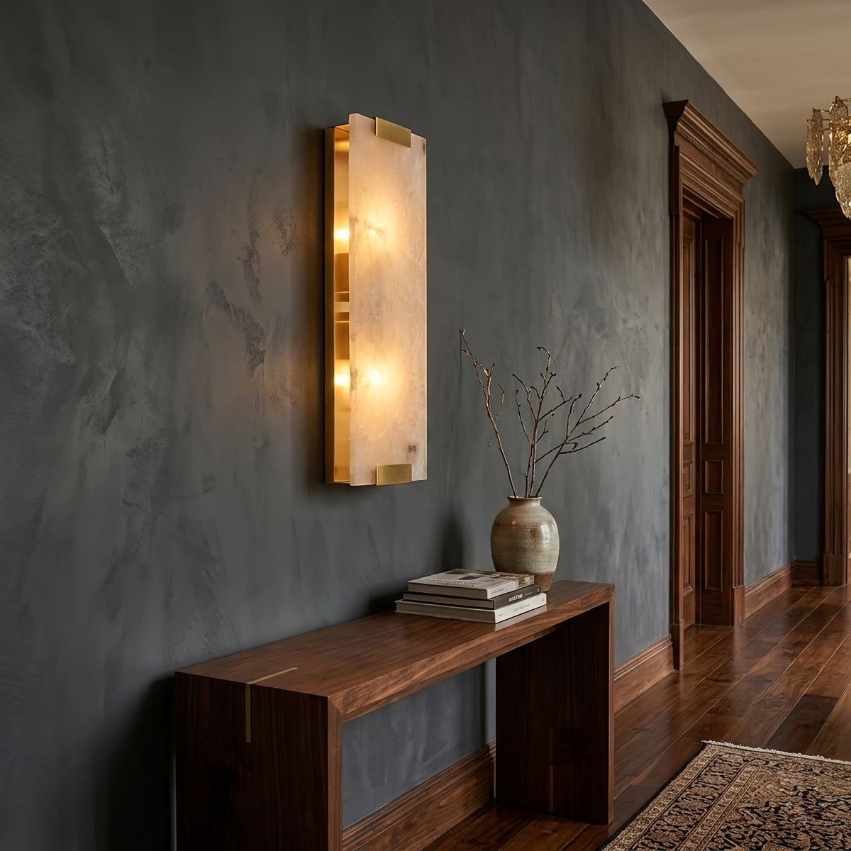 Rectangular Alabaster Wall Sconce, walnut console table backdrop | Bling Lighting Studio