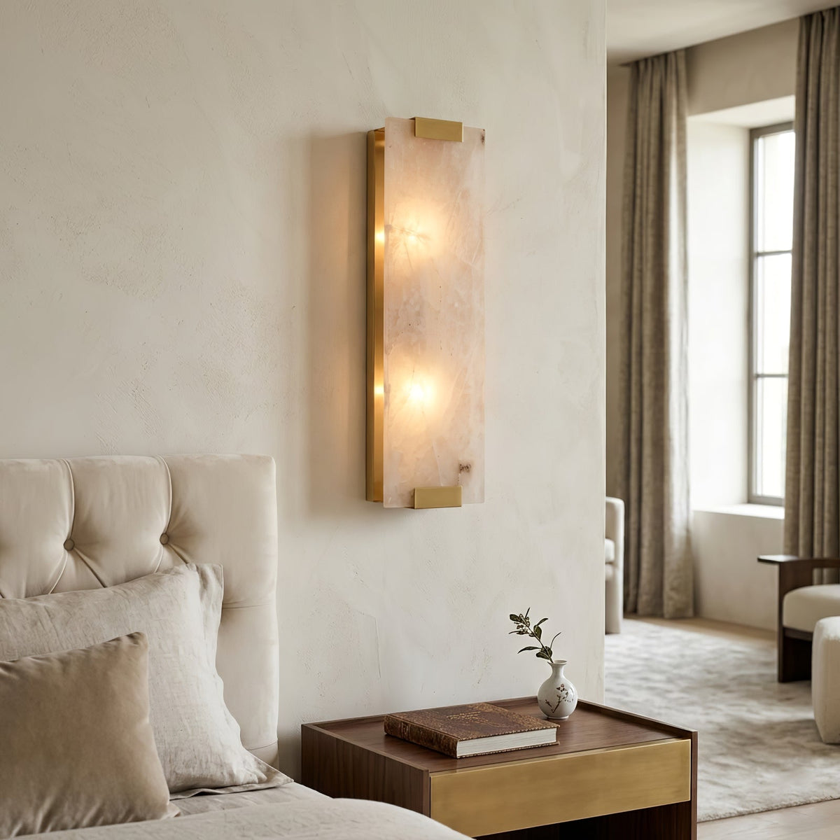 Rectangular Alabaster Wall Sconce, warm neutral bedroom interior | Bling Lighting Studio