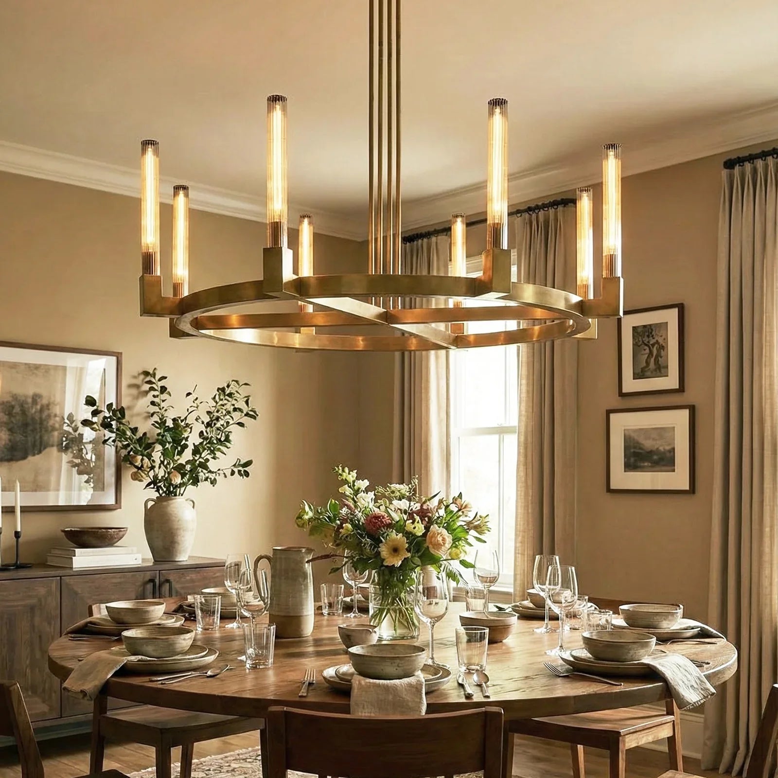 Round Brass Linear Chandelier by Bling Lighting Studio