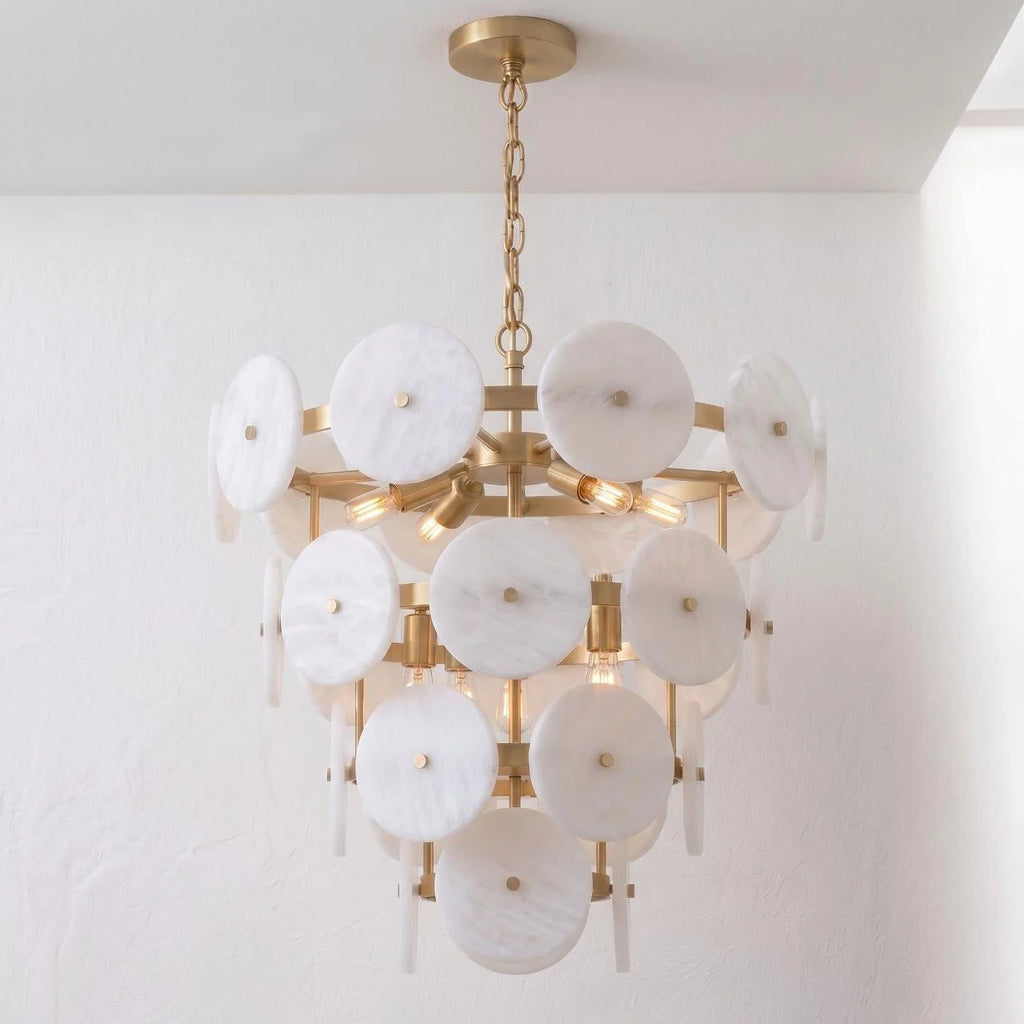 Selavienne Tiered Alabaster Disc Chandelier — Dia 56cm x H 60cm / ∅ 22″ x H 23.6″ / Brushed Brass